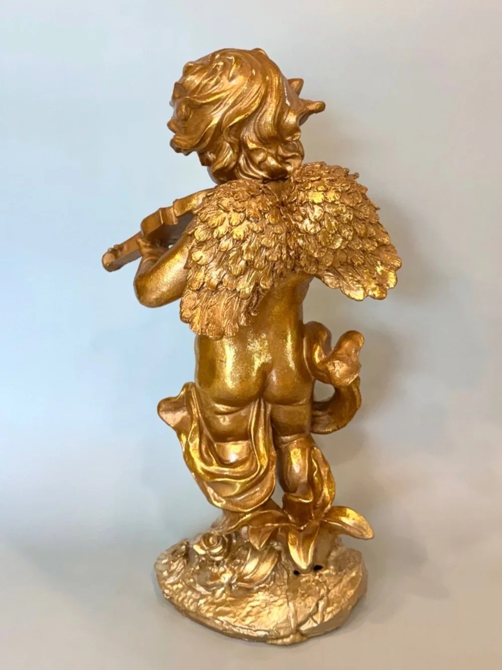 Vintage-Style Gold Cherub Angel Statue Playing Violin Resin Decor 15.5” Large